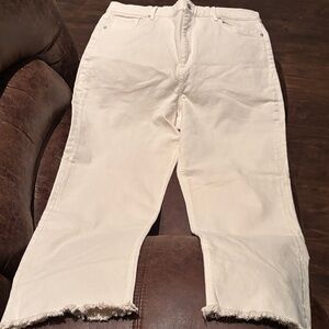 LOFT Cream Flare Jeans with Frayed Hem